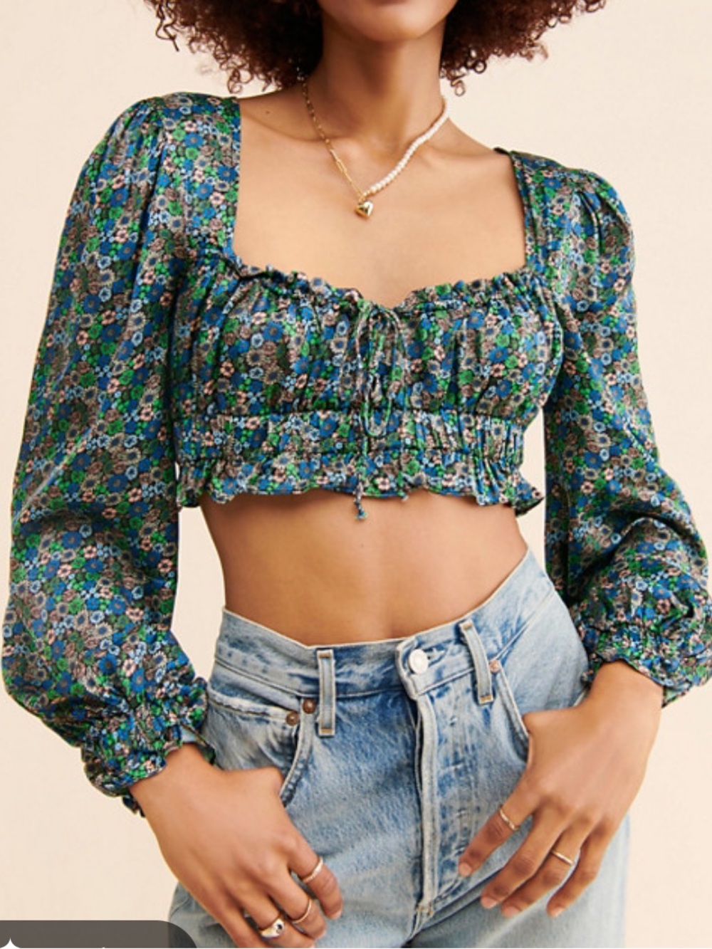 For Love And Lemons Alisa Blue Green Floral Sweetheart Long Sleeve Crop Top NWT